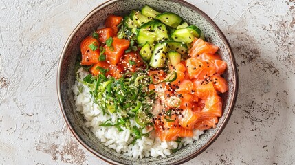 Salmon Poke Bowl with Rice, Cucumber and Sesame, Asian Cuisine ,Healthy Food