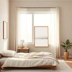 frame mockup for art displays in guest room soft linen wall background in neutral tones coastal retreat aesthetic iso a3 landscape bedside poster mockup interior design inspiration empty canvas presen