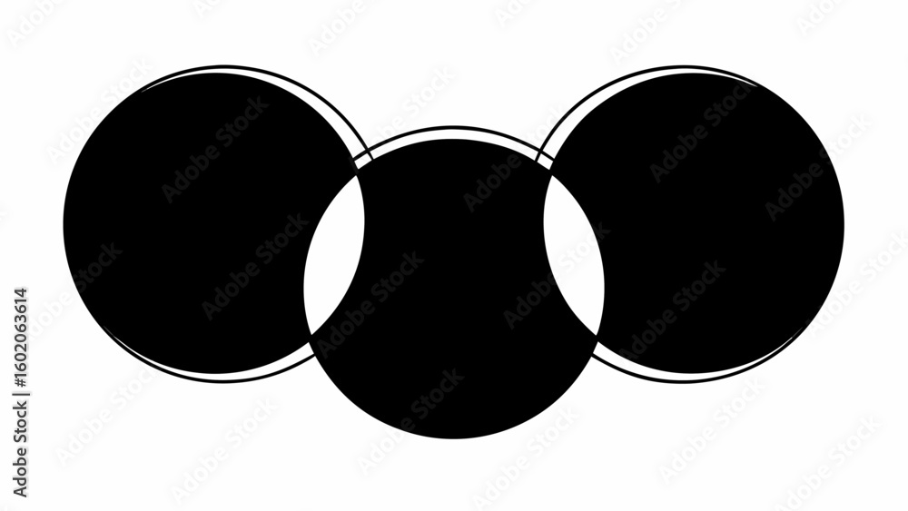 Aufkleber three overlapping black circles with thin outlines creating a venn diagram like structure on white b