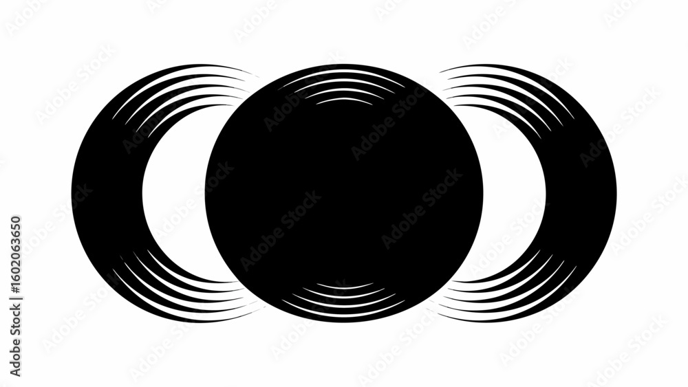 Aufkleber three overlapping circles with curved lines emanating from the edges in black and white design art