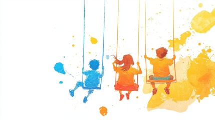 Children swinging joyful watercolor art