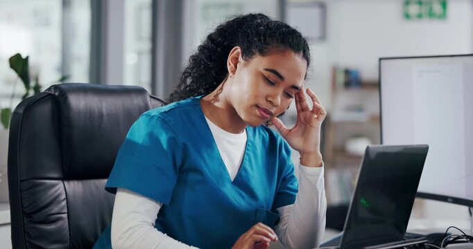 Frustrated woman, nurse and receptionist with headache on laptop for stress, overworked or pressure. Female person, medical worker or secretary with migraine or strain on computer at front desk