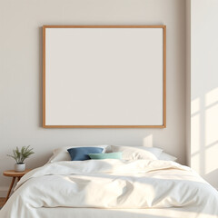 blank canvas mockup in a cozy guest room stylish frame design versatile poster display soft linen wall backdrop in neutral colors inviting coastal retreat ambiance high quality 3d render artwork prese