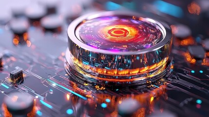 Glowing Circuit Board Core with Vortex Center Reflecting Blue and Orange Light