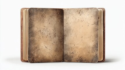 An aged, open book with worn, blank pages sits upright on a white surface, showcasing textured paper