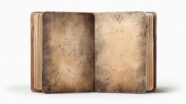 An aged, open book with worn, blank pages sits upright on a white surface, showcasing textured paper