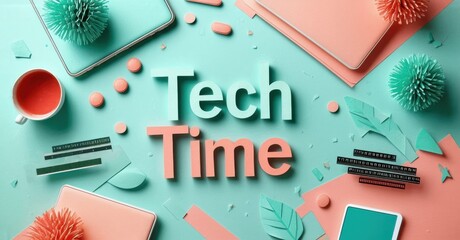 Flatlay showcasing tech devices, colorful pom poms, leaves. Modern design, vibrant hues, creative arrangement. Text reads Tech Time.