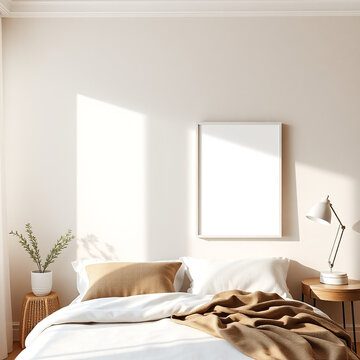 frame mockup blank canvas in a stylish guest room cozy bedside poster display soft linen wall in neutral tones coastal retreat design 3d render ideal for interior decor artwork presentation