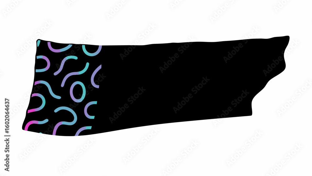 Aufkleber black irregular shape with a pattern of colorful lines and curves on the left side of the shape area