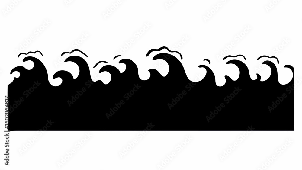 Poster silhouette of ocean waves with small crests against a white background creating a simple border desi