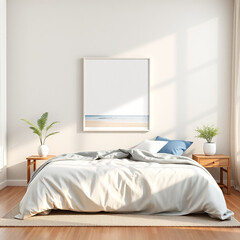 frame mockup blank canvas in cozy guest room soft linen wall background in neutral tones stylish coastal retreat design ideal for poster display 3D render high quality interior decor inspiration