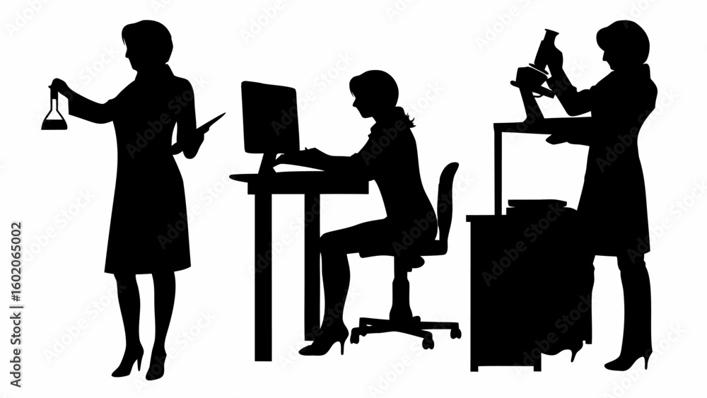 Poster silhouette of three women in lab coats performing different tasks in a laboratory setting on a white