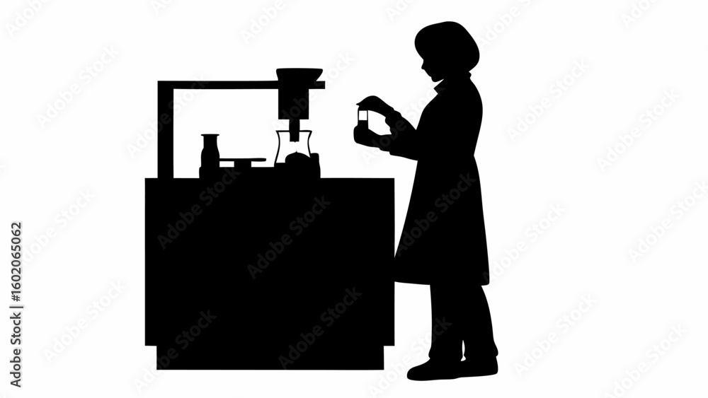 Poster silhouette of a scientist in lab coat holding a vial next to lab equipment on a counter in a lab