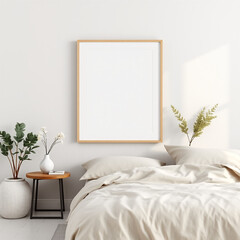 blank canvas mockup in a guest room versatile frame presentation stylish interior design soft linen wall backdrop in neutral shades coastal retreat ambiance A3 landscape poster display 3D rendering