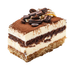 Delicious tiramisu dessert slice decorated with cocoa powder and coffee beans on transparent background