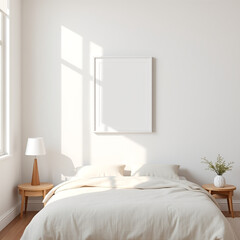 Blank Frame Mockup in Room Elegant A3 Landscape Design Beside Bed Soft Linen Wall Background Neutral Tones Coastal Retreat Style Modern Interior Decoration 3D Render High Quality Image