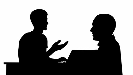 Silhouette of two people in discussion with one gesturing near a laptop on a desk in monochrome