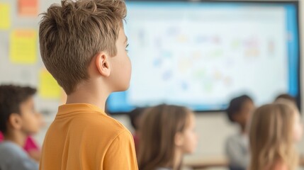 Focused student in elementary classroom interactive learning