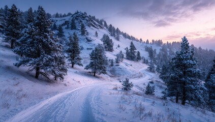 Snowy mountain path at dawn