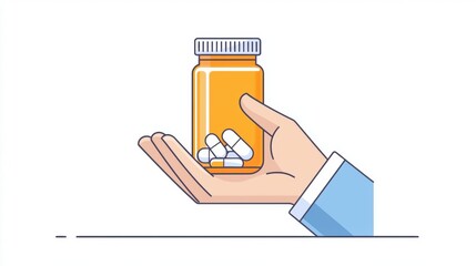 Hand holding pills bottle medical care healthcare concept illustration