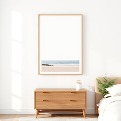 Blank picture frame mockup in guest room cozy aesthetic soft linen wall background in neutral tones stylish modern interior design coastal retreat vibe A3 landscape format for art display templates