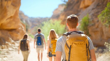 Hiking adventure friends exploring canyon trails