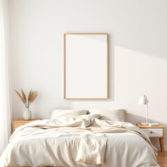 blank canvas mockup in a cozy room neutral toned wall background soft linen decoration coastal retreat style ideal for artwork display interior design inspiration printable poster showcase high qualit