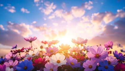 Colorful cosmos flowers at sunset