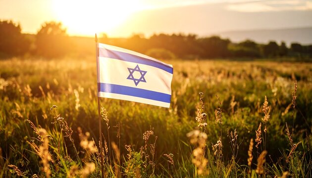 Israeli flag waving in a golden field at sunset