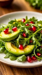 Fresh Avocado and Pomegranate Salad in a Bowl with Vibrant Colors Against a Warm Wooden Background