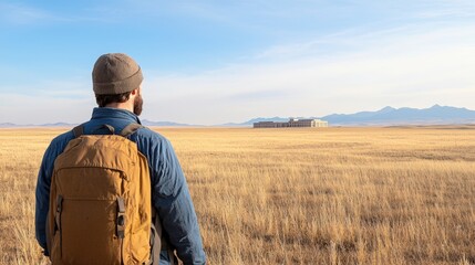Man with backpack gazes across vast prairie landscape