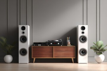 Speaker Bureau. Modern Acoustic Audio System with Compact Design in Black and White Interior Setting