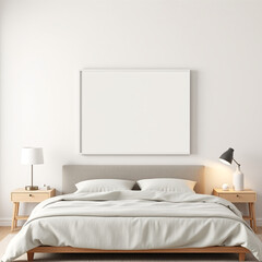 blank canvas mockup in a serene guest room modern frame display with A3 landscape orientation soft neutral linen wall background coastal retreat aesthetic 3D rendering perfect for interior design proj