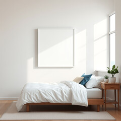 Blank Canvas Wall Art Mockup for Guest Room Interior Design stylish frame mockup in soft linen walls neutral tones coastal retreat atmosphere 3D render for home decor showcasing artwork creativity