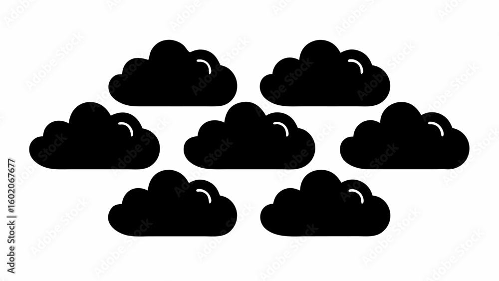 Poster seven black cartoon clouds arranged in two rows with a white background in a vector illustration