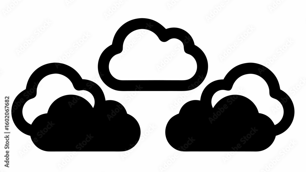 Poster illustration of three clouds in a simple outline style with one cloud being white and the other two 