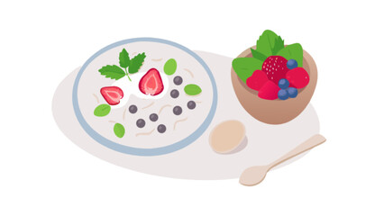 Illustration of a bowl of oatmeal with berries and mint next to a bowl of mixed berries and spoon