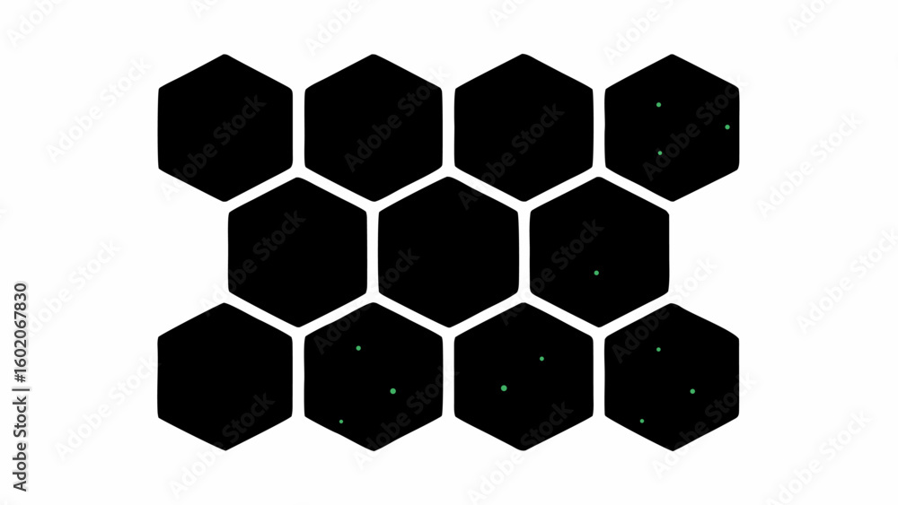 Aufkleber black hexagons arranged in a honeycomb pattern with small green dots inside some of the hexagons des