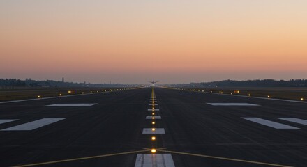 A plane approaches the runway for landing at dusk