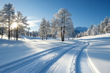 Serene winter landscape sunlit snow path
