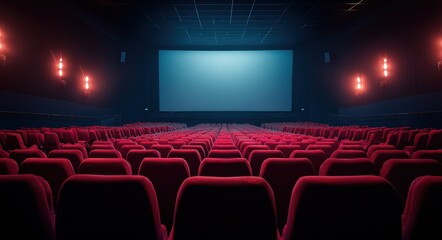 Theatre Infographic. Modern Cinema Blank Screen Mockup with Red Seats Template
