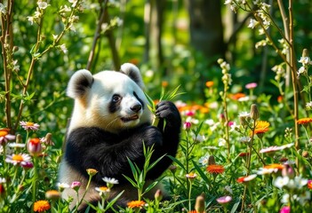 Obraz premium A tiny panda playfully clutches bamboo amidst blooming wildflowers in a sun-dappled forest, jungle, miniature