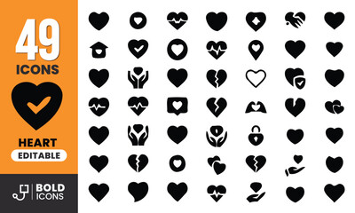 Bold Black Heart and Love Emotion Icons Set