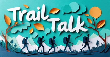 Obraz premium Papercraft illustration depicts hikers traversing mountains. Bright colors, stylized design, text Trail Talk above scene. Sunny outdoor adventure.