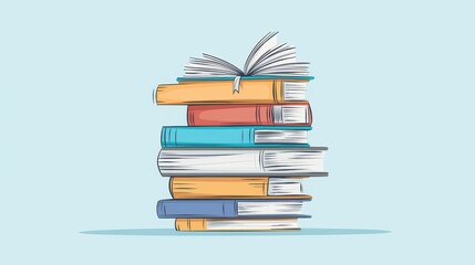 Stack of colorful books, open book on top, education concept illustration