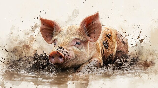A piglet happily playing in the mud.