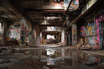Urban Decay Graffiti: Abandoned Factory Building Interior with Vandalized Walls