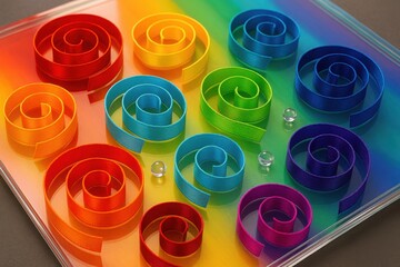 Colorful Satin Ribbon Spirals Arranged on Rainbow Gradient Acrylic Panel with Crystal Accents

