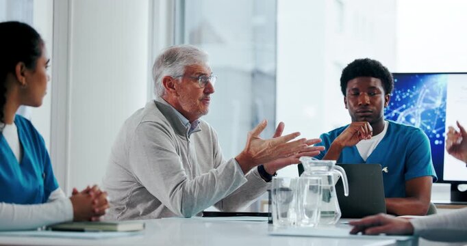 Meeting, doctors and discussion with people in office for team, dna editing or genetic disease cure. Healthcare innovation, collaboration and gene splice technology with nurses in hospital for report