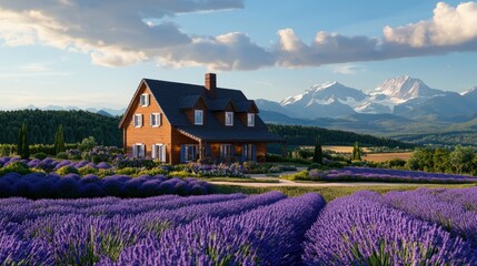 Tranquil lavender fields and mountain home